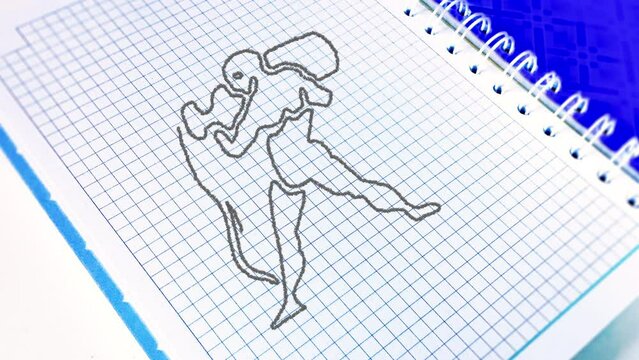 The zodiac sign Aquarius to the horoscope is drawn using pencil lines on a paper notebook in a cage. The zodiac sign is gradually drawn with a pencil along the contour, and then painted over.
