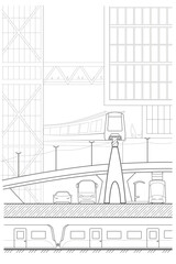 Linear abstract architectural sketch city street with multiple transport on white background