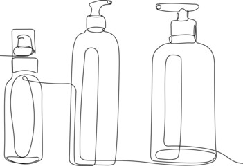 Continuous drawing of one line of bottles with oil or honey or lemon or lime juice for scrubbing and body skin care with natural herbal skin care products, top view of ingredients. Vector illustration