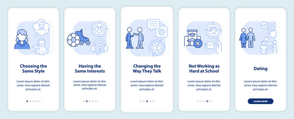 Peer pressure of being teen light blue onboarding mobile app screen. Walkthrough 5 steps editable graphic instructions with linear concepts. UI, UX, GUI template. Myriad Pro-Bold, Regular fonts used