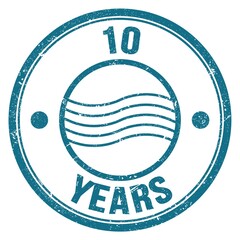 10 YEARS text on blue round postal stamp sign