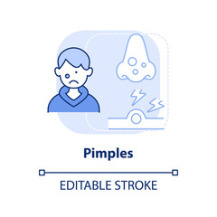 Pimples light blue concept icon. Problem facing teens abstract idea thin line illustration. Acne. Whiteheads, blackheads. Isolated outline drawing. Editable stroke. Arial, Myriad Pro-Bold fonts used