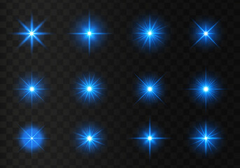 Set of glowing light stars with sparkles. Transparent shining sun, star explodes and bright flash. Blue bright illustration starburst.