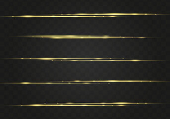 Set of gold horizontal lens flares pack. Abstract light flares, laser beams, sparkling lined, horizontal light rays. Vector illustration.