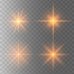 Set of glowing light stars with sparkles. Transparent shining sun, star explodes and bright flash. Gold bright illustration starburst.