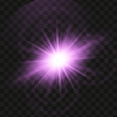 Obraz premium Purpur glowing light star on a black background. Transparent shining sun, star explodes and bright flash. Blue bright illustration starburst. 