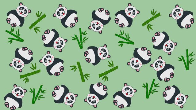 Several pandas with bamboos in random movements on a green background - animation