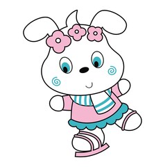 Bunny with flowers skiing in winter