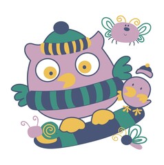 Scared owl skiing with her little friends