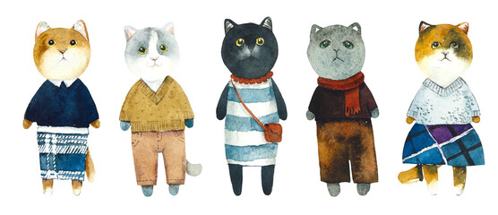 Kittens in clothes. Cartoon comic cats. Watercolor hand drawn illustration.