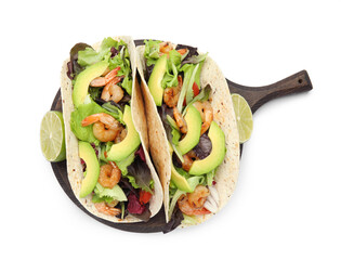 Delicious tacos with shrimps, avocado and lime on white background, top view