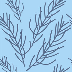 Fototapeta premium Vector. Merry Christmas, New Year seamless pattern. Design template for typographic products. Winter background for wrapping paper, greeting cards, textiles, branding. Simple hand drawn spruce branch.