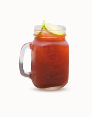 Cold ice tea with lemon (limeade) color orange in large glass with brown straw.  isolated on white background. Popular fruit juice. It looks like lemonade squeezed from lemons.