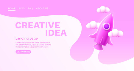 Creative idea rocket space, landing page banner. Vector