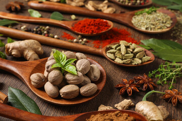Fototapeta na wymiar Different herbs and spices with spoons on wooden table, closeup
