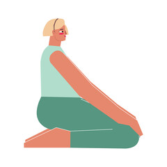 Vector isolated illustration with flat female character. Strong woman learns seated posture Virasana at yoga class. Fitness exercise - Hero Pose