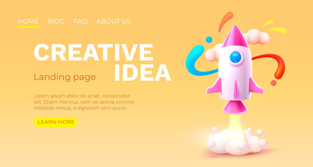 Creative idea rocket space, landing page banner. Vector