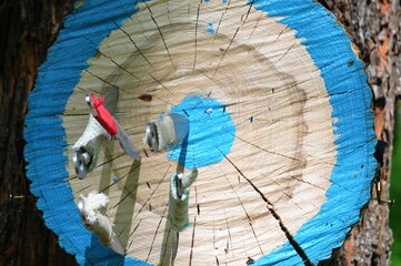 Throwing sports knives at a wooden target