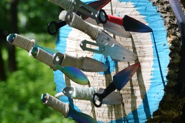 Throwing sports knives at a wooden target
