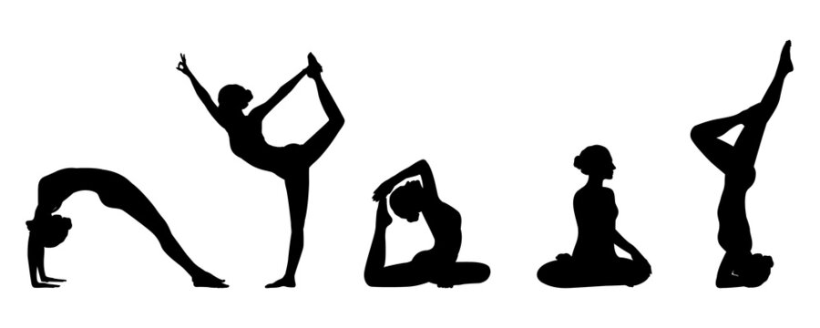Slim women doing yoga and exercises. Healthy lifestyle. Set of vector yoga illustrations design isolated on white background for print, web, poster.