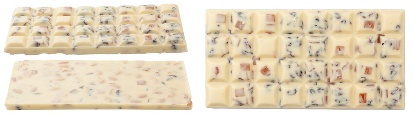 White chocolate bar with nuts and candied fruit. Top and bottom view of chocolate isolated on white...
