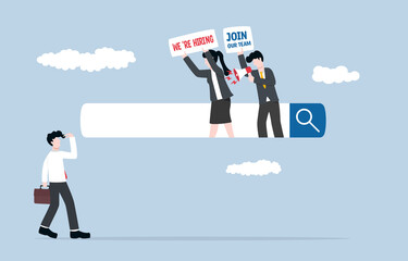 Searching for new job, employment, vacancy for progress in life, career opportunity from leading company concept. Businessman looking to hr team coming out of search bar to announce new hiring.