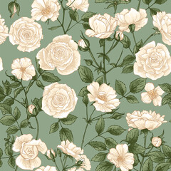 Roses pattern Flowers white drawn on a color background. Vector sketch of flowers. 