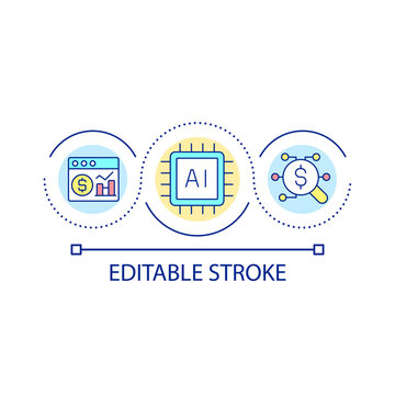 AI In Market Research Loop Concept Icon. Increasing Revenue With Artificial Intelligence Usage Abstract Idea Thin Line Illustration. Isolated Outline Drawing. Editable Stroke. Arial Font Used