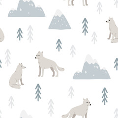 Seamless pattern with wolves, mountains and forest. Hand drawn childish background with wild animals in the wood. Endless baby texture for wallpaper, textile and prints. Vector illustration