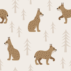 Vector seamless pattern with lynx in the wood. Endless Scandinavian background with forest animals. Cute baby pattern for wallpaper, fabric and textile. Wildlife vector illustration