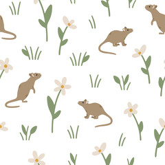 Seamless pattern with charming mice and flowers. Hand drawn childish background with forest animals. Endless baby texture for wallpaper, textile and prints. Cute woodland illustration