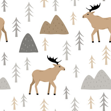 Seamless pattern with moose, forest and mountains. Hand drawn kids scandinavian background with wild animal in the wood. Endless baby texture for wallpaper, textile and prints. Vector illustration