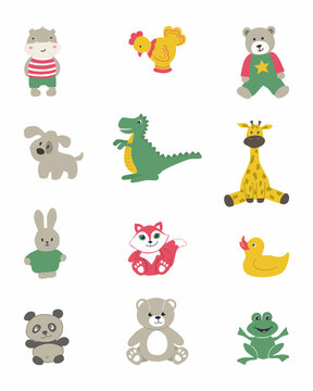 Toys isolated on a white background. There are animal toys in the picture: a hippopotamus, a teddy bear, a giraffe, a dinosaur, a dog, a hare etc. Toys for little children. Vector illustration