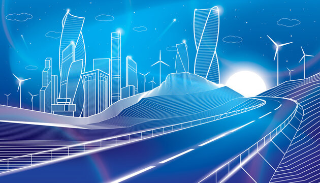 Highway in mountains. Tower and skyscrapers, neon glow city, business modern buildings. Night scene. White lines on blue background. Windmills power. Vector design art
