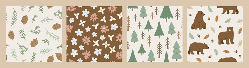 Set of hand drawn seamless patterns with forest animals and plants. Cute Scandinavian endless background with bear, pine tree, cone and flower. Childish texture for apparel, wallpaper and prints