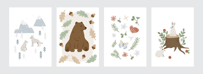 Set of hand drawn cards and posters with forest animals and plants. Cute Scandinavian illustration with wild animals and woods. Childish art for nursery design and prints. Charming woodland animals