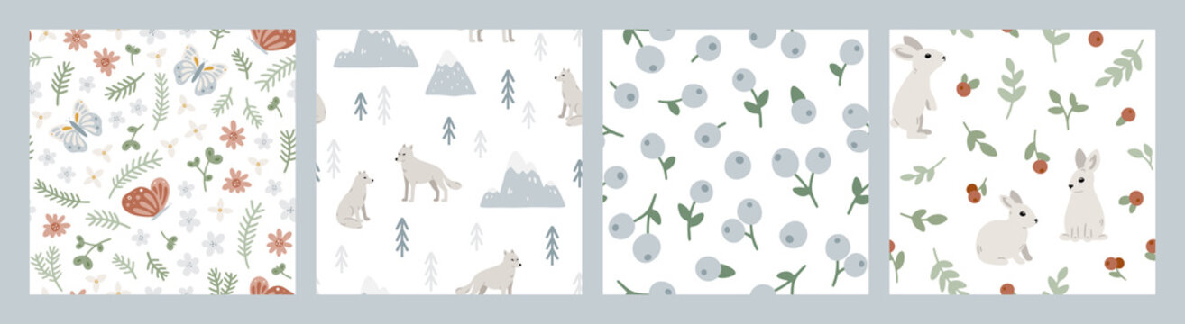 Set of hand drawn seamless patterns with forest animals and plants. Cute Scandinavian endless background with butterfly, wolf and rabbit. Childish texture for apparel, wallpaper and prints