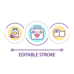 First aid kit for roadtrip loop concept icon. Safe traveling with kid. Family car adventure abstract idea thin line illustration. Isolated outline drawing. Editable stroke. Arial font used