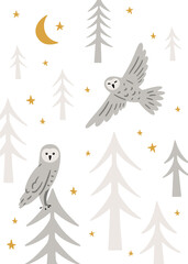 Hand drawn card with owls in the woods. Cute childish illustration with forest animals and plants. Charming poster for nursery design, prints and apparel. Scandinavian vector illustration