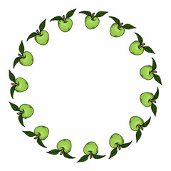 Round frame with apples on white background. Vector image.