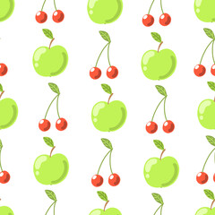 Apple cherry fruit seamless pattern. Fruit background. Vector cartoon organic illustration on a white background.