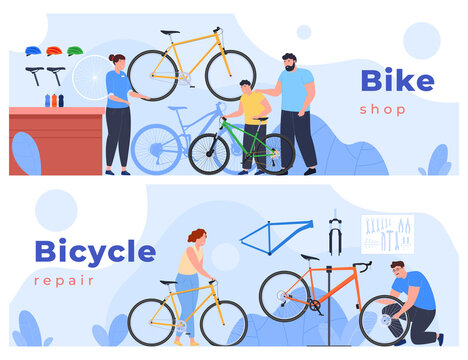 Sale of bicycles and bicycle shops. Bicycle repair and maintenance. Two-wheeled transport. Vector illustration