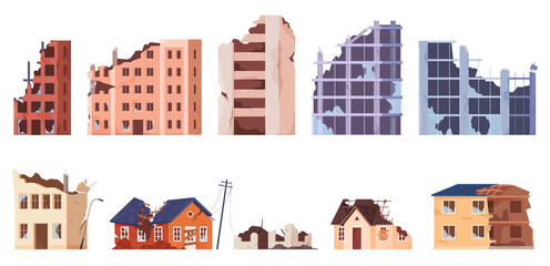 Destroyed buildings, collapsed walls and broken windows. Consequences of catastrophes on buildings of various types. Vector illustration - obrazy, fototapety, plakaty