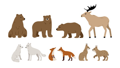 Hand drawn forest animals collection: bear, moose, wolf, fox and lynx. Vector woodland set with cute characters. Wildlife concept. Vector illustration in Scandinavian style for childish design