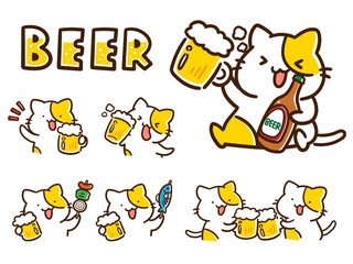 ビールを飲むかわいいねこのデフォルメイラストセット