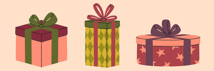 Gift boxes set. Party and celebration elements for greeting card. Colorful gift boxes with ribbon and bow isolated on background. Stock vector illustration.