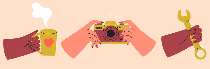 Fototapeta premium Set of colorful hands holding different objects. Different gestures. Hands with cup, camera, spanner. Colored flat graphic vector isolated illustration.