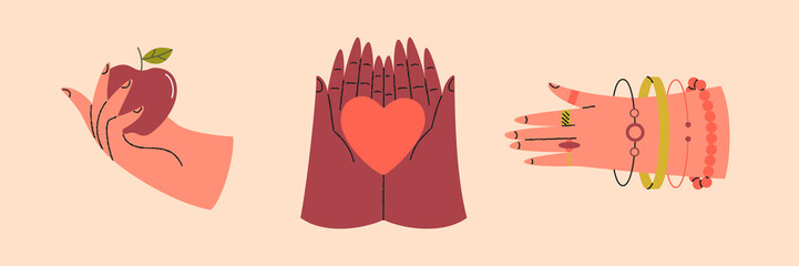 Set of colorful hands holding different objects. Different gestures. Hands with apple, heart, braslets. Colored flat graphic vector isolated illustration.