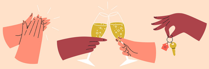 Set of colorful hands holding different objects. Different gestures. Hands with key, champagne, applause. Colored flat graphic vector isolated illustration.