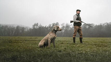 Hunter man with dog in traditional shooting clothes on field holding shotgun.
